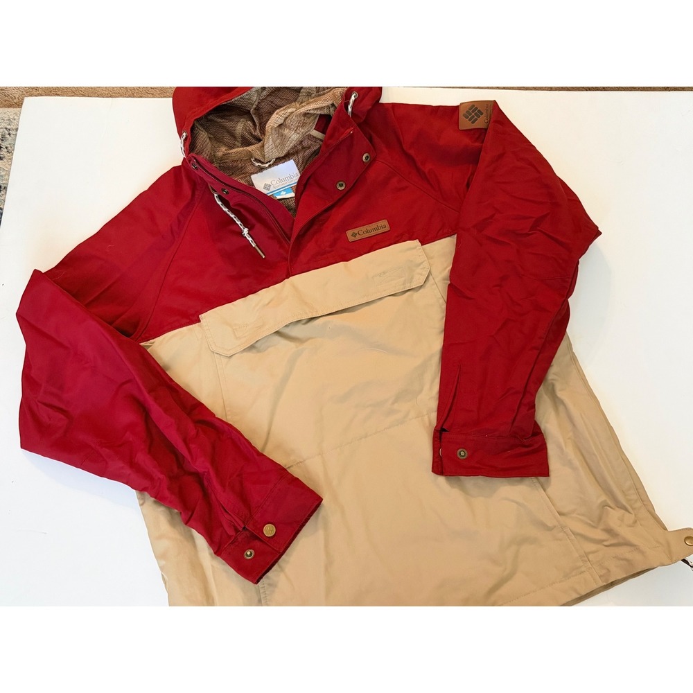 Columbia Mens Red Tan Colorblock Anorak Pullover Hooded Jacket Large RN69724